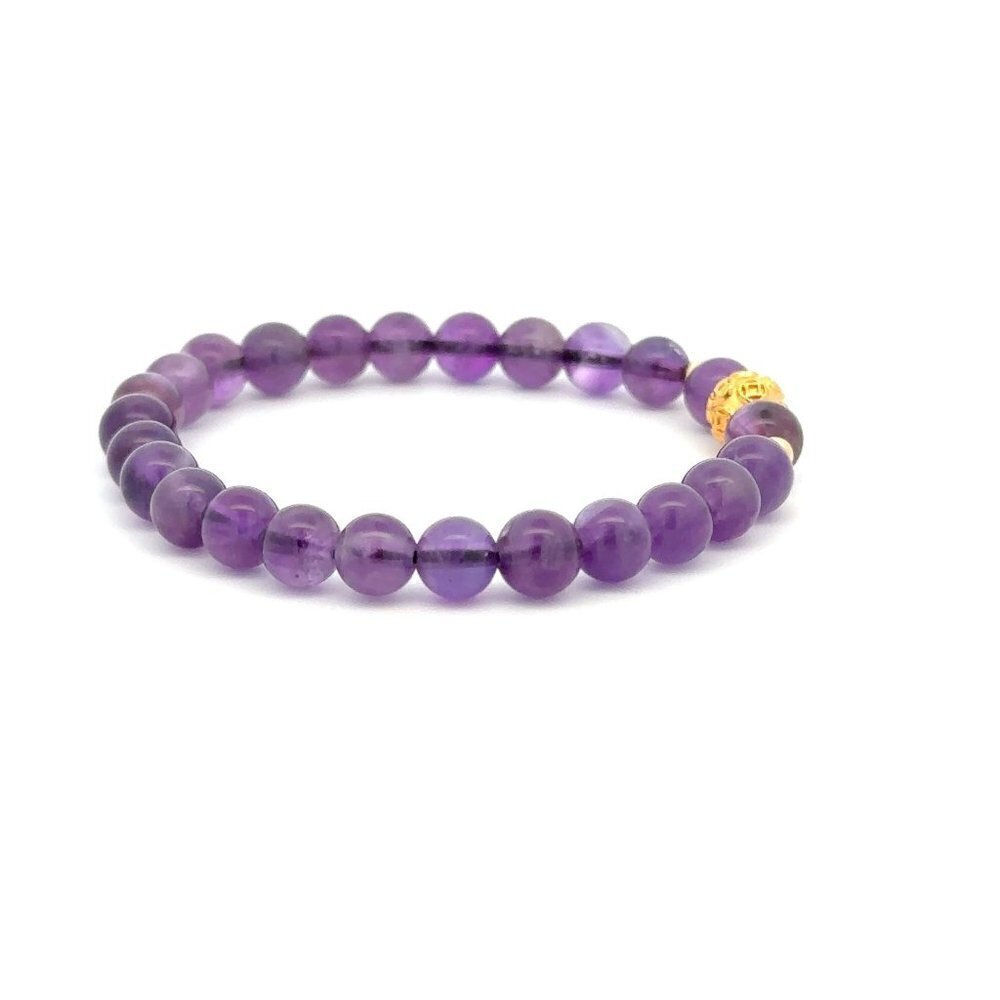 18K Gold Money Ball Lucky Charm Beads Bracelet Gemstones Amethyst 6mm - Picture 4 of 9